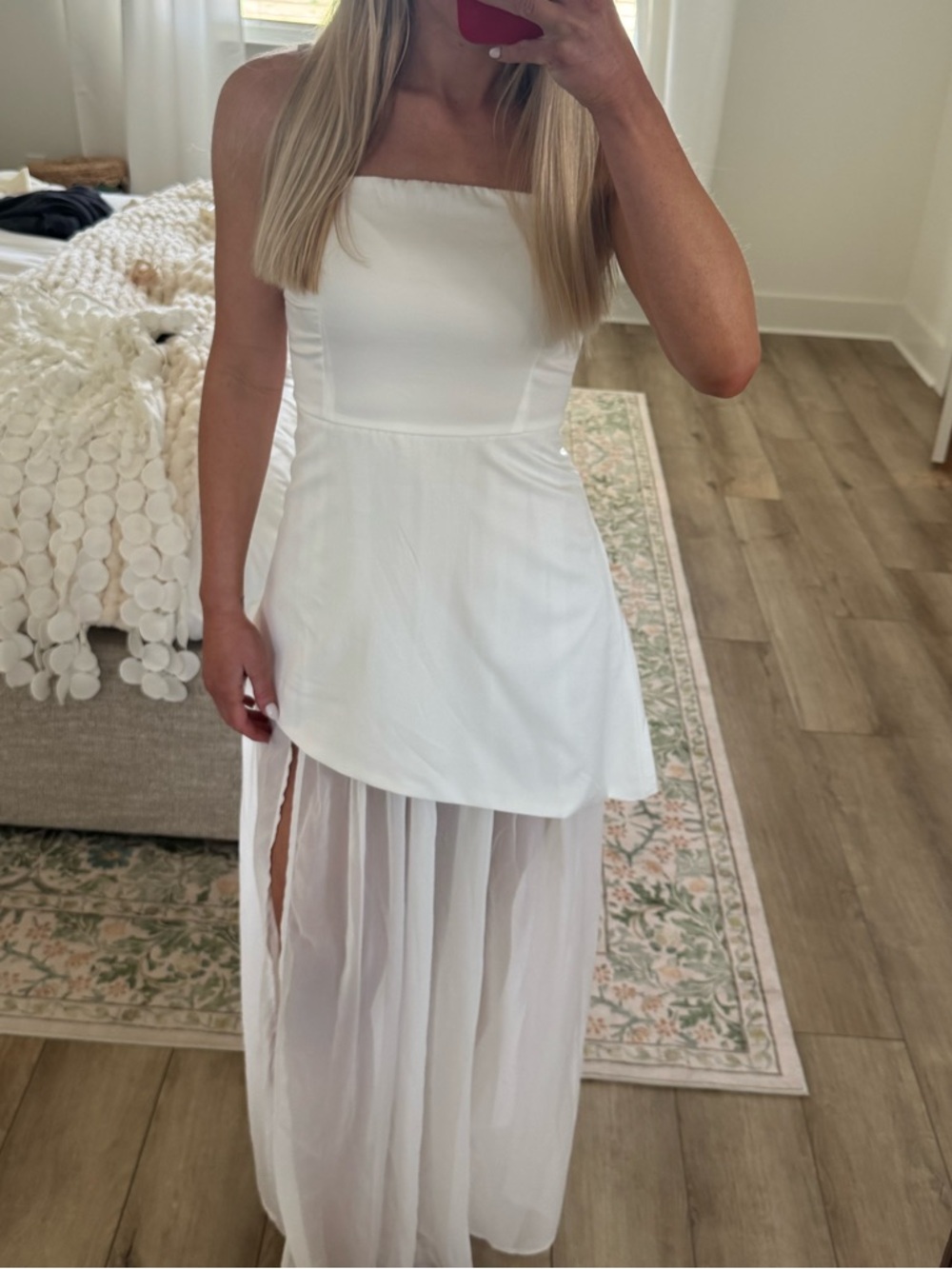 White Strapless Empire Maxi Dress with Sheer Skirt